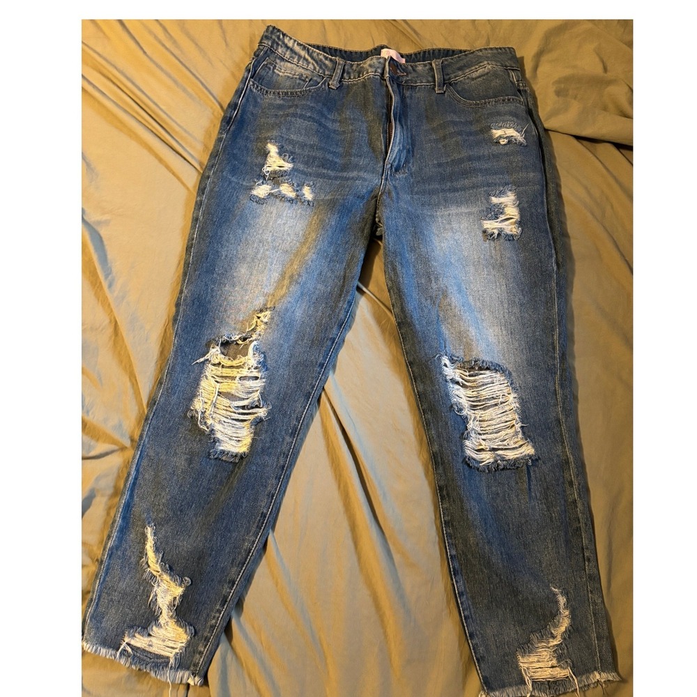 Pink Lily Distressed Straight Leg Jeans Medium Wash Raw Hem Size 13 T918GX